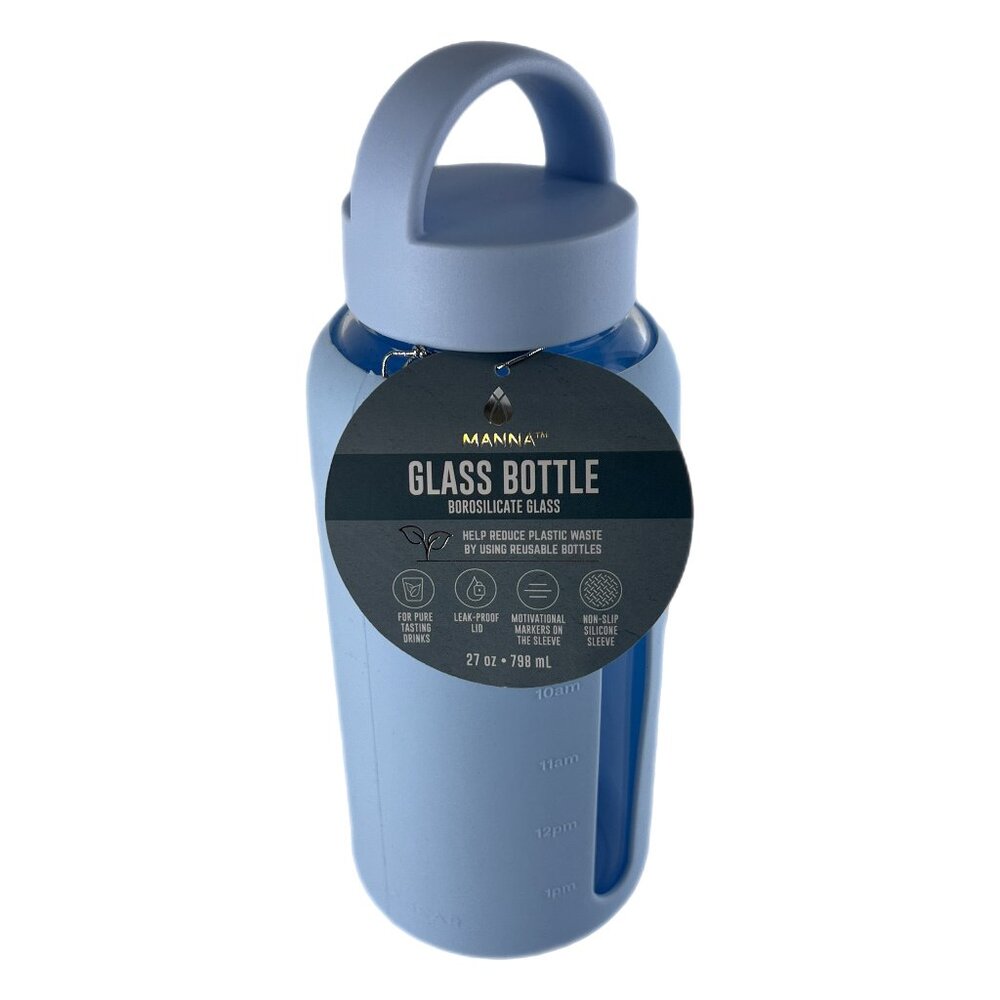 27 oz Manna Borosilicate Glass Water Bottle with Silicone Sleeve, NWT Denim Blue